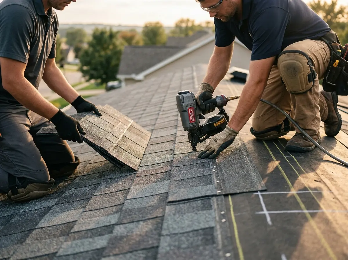 Professional roofer working on a residential roof in Smithtown
